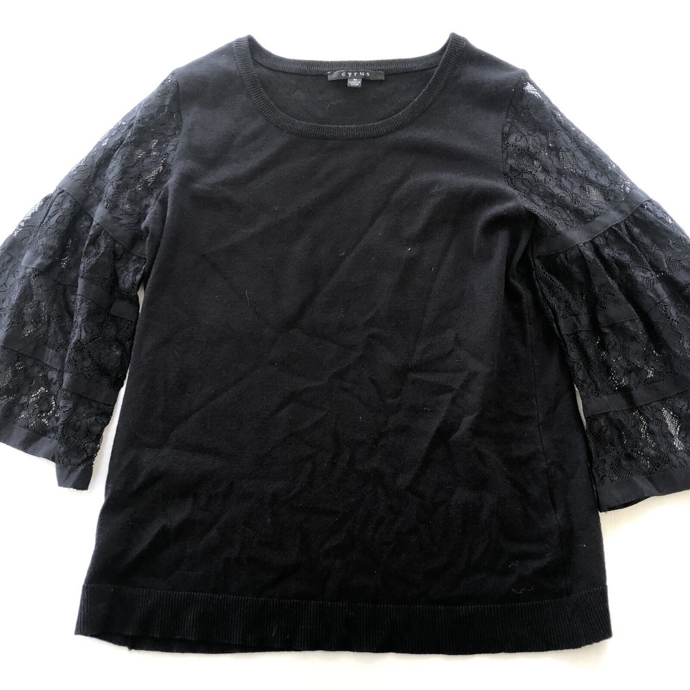 Cyrus Black Knit Sheer Floral Lace Sleeve Top Women's Sz M A3178